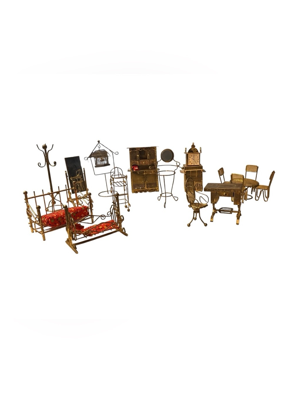 Vintage Miniature Brass Dollhouse Furniture Set with Red Cushions 16 Piece Lot